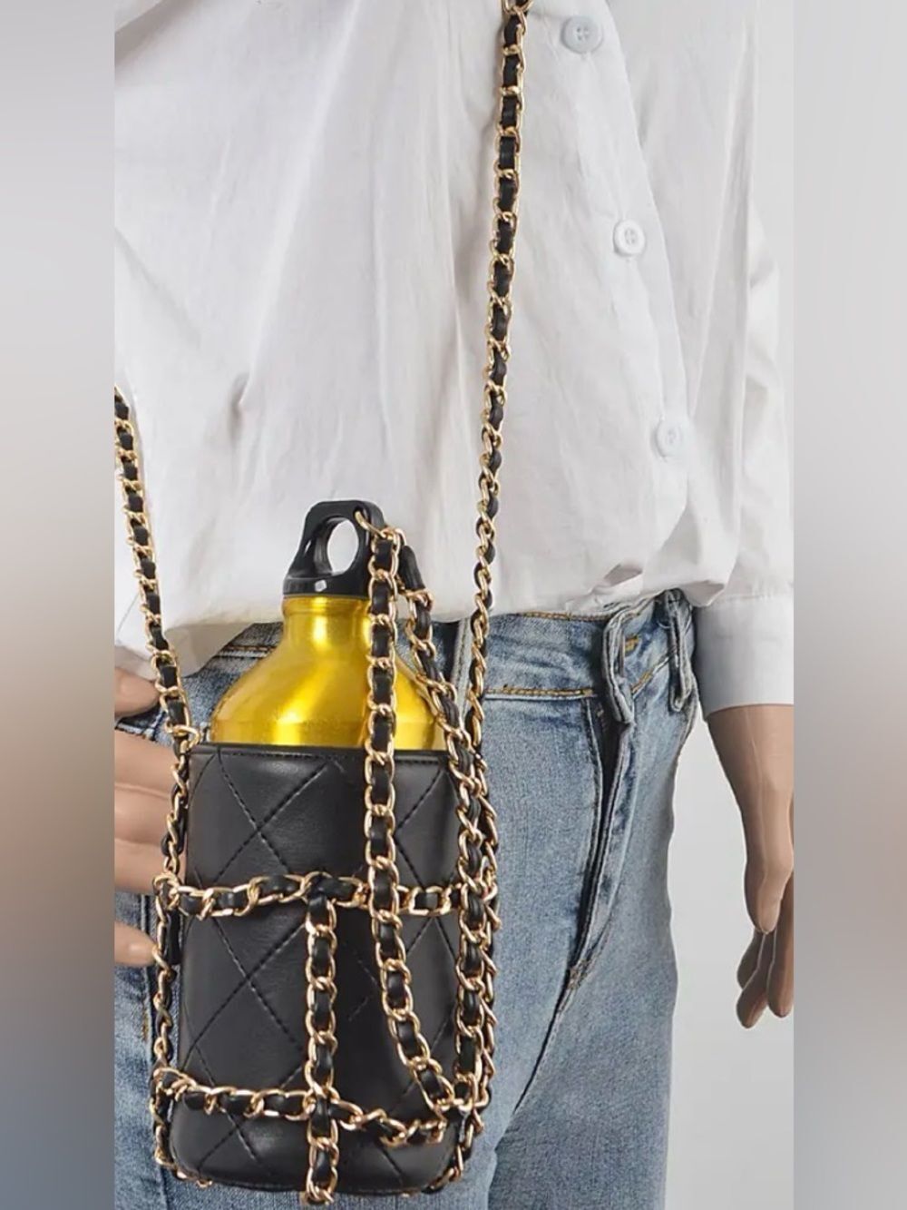Woven Chain Crossbody Bottle Holder - with Aluminum Bottle Gold/Black NWOT - Picture 2 of 7